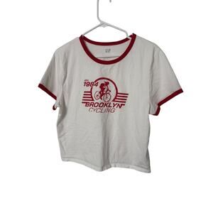 Gap Women's White & Red Ringer Tee XL Tall Brooklyn Cycling Soft‎ Cotton